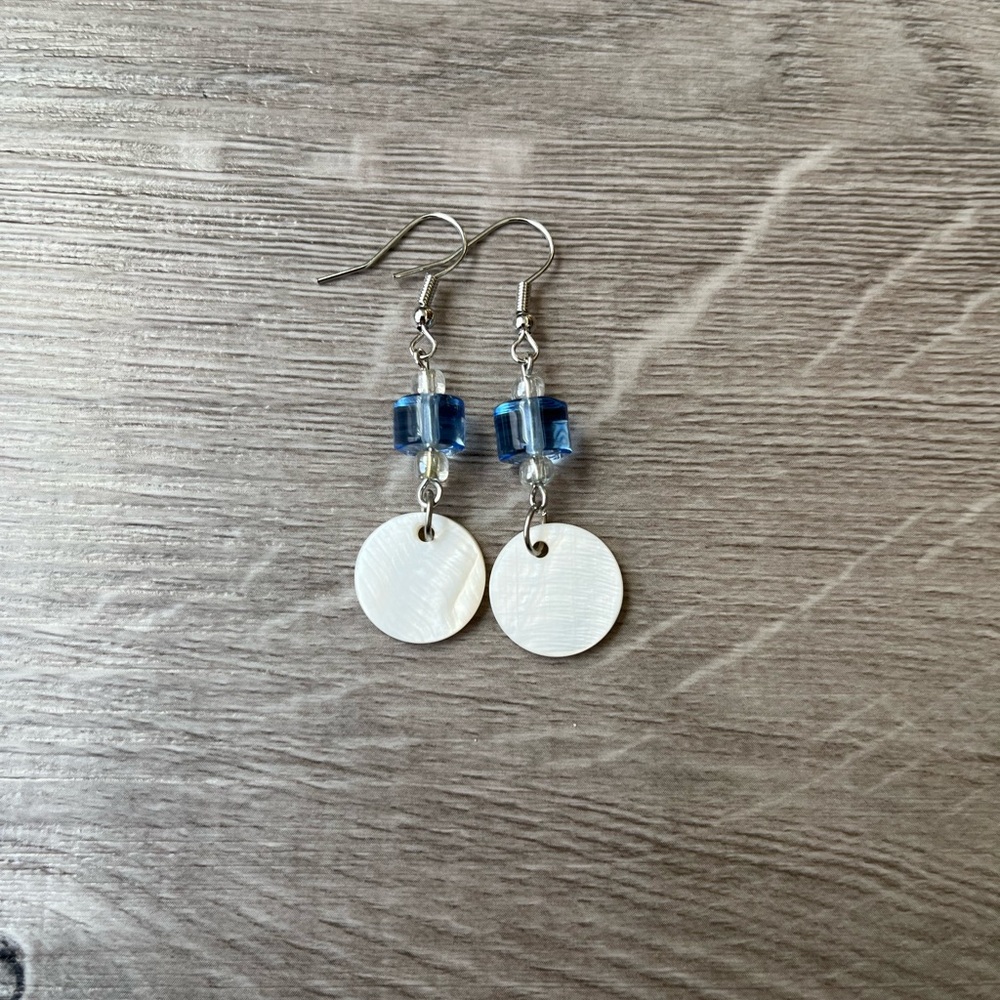 Blue Glass Bead and White Shell Disc Drop Earrings